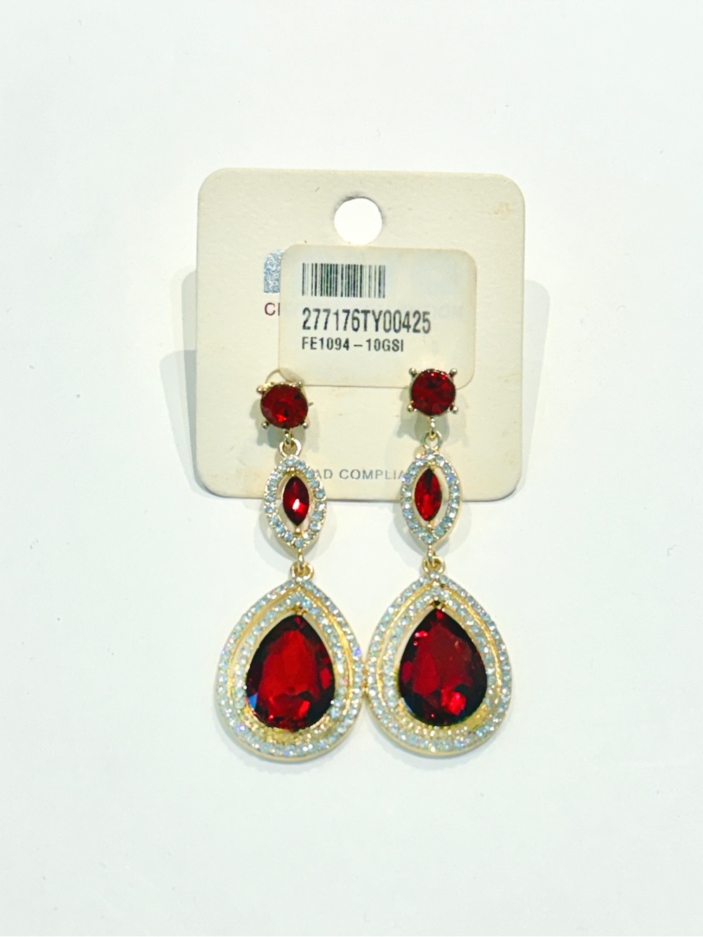 Gold-Tone Red Teardrop Crystal Dangle Earrings - Prom Pageant Homecoming